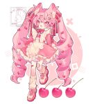  1girl animal_ear_fluff animal_ears apron bandaid bandaid_on_cheek bandaid_on_face bandaid_on_leg blush bow cat_ears cat_hair_ornament commentary cross-shaped_pupils double-parted_bangs dress extra_ears fang frilled_apron frilled_dress frills full_body gauze gauze_on_leg hair_between_eyes hair_bow hair_ornament hair_ribbon hairclip highres leg_up long_hair long_sleeves low_drills neck_ribbon open_mouth original ozureiji pink_dress pink_eyes pink_hair pink_theme puffy_long_sleeves puffy_sleeves red_bow red_ribbon ribbon shoes short_dress skin_fang sneakers socks solo symbol-only_commentary symbol-shaped_pupils tsurime twintails very_long_hair watermark white_apron white_shoes white_socks 