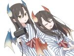  2girls black_hair blue_horns blue_wings dragon_girl dragon_horns dragon_wings fujiyama_(yellow) hair_dryer hands_on_lap holding holding_hair_dryer horns lind_(princess_connect!) long_hair multiple_girls open_mouth princess_connect! red_horns red_sash red_wings sash siblings sidelocks simple_background sitting twins white_background wings wurm_(princess_connect!) yellow_eyes 