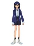  1girl black_hair black_skirt black_socks blazer collared_shirt cross_tie earphones full_body gundam gundam_gquuuuuux highres jacket long_hair looking_at_viewer miniskirt nyaan_(gundam_gquuuuuux) official_art pleated_skirt school_uniform shirt shoes simple_background skirt sneakers socks solo standing transparent_background white_shirt yellow_eyes 