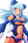  1girl 30_minutes_sisters absurdres blue_eyes blue_hair blue_leotard blue_thighhighs blush breasts cleavage clothing_cutout cowboy_shot dark-skinned_female dark_skin floating_hair highres joints large_breasts leotard long_hair looking_at_viewer mecha_musume mechanical_arms medium_breasts navel parted_lips revealing_clothes siana_amarcia simple_background solo stomach_cutout tan thighhighs thrusters underboob white_background yabunoki 