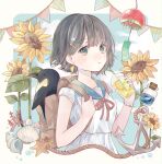  1girl anchor backpack bag bird black_hair blue_eyes blue_nails blue_sailor_collar blue_sky blush bottle bracelet brown_bag cloud commentary commentary_request coral cup dress drinking_straw earrings fingernails flower food food-themed_earrings fruit hair_ornament hairpin hands_up highres holding holding_cup holding_strap jewelry lemon lemon_earrings lemon_slice lemonade looking_at_viewer nail_polish open_bag original parted_lips penguin rope sailor_collar seashell shell shell_hair_ornament short_sleeves sky solo star_(symbol) star_hair_ornament starfish sunflower tententuyu water white_dress zipper zipper_pull_tab 