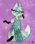 2025 anthro arctic_fox black_body black_fur black_nose blue_body blue_clothing blue_dress blue_ears blue_eyes blue_eyeshadow blue_fur blue_hair blue_tail canid canine chikn_nuggit clothing digital_media_(artwork) dress eyeshadow female fox fur hair half-closed_eyes hand_behind_head hand_behind_own_head looking_at_viewer makeup mammal multicolored_body multicolored_clothing multicolored_dress multicolored_ears multicolored_fur multicolored_tail narrowed_eyes pattern_clothing pattern_dress pie_cut_eyes pose scooterdoodles signature slit_dress slushi_(chikn_nuggit) smile solo sparkles spots spotted_clothing spotted_dress standing tail true_fox two_tone_clothing two_tone_dress two_tone_ears white_body white_ears white_fur white_tail
