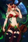  1girl absurdres arm_tattoo armor bare_shoulders bike_shorts bikini bikini_armor bikini_top_only black_thighhighs blindfold blonde_hair breasts cleavage covered_eyes demon_hunter_(warcraft) distr fingernails hand_up highres holding holding_weapon horns long_eyebrows long_hair medium_breasts navel planet pointy_ears sharp_fingernails signature solo swimsuit tattoo thighhighs torn_thighhighs twin_blades warcraft weapon world_of_warcraft 