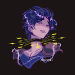  1boy armor birthmark black_background blue_eyes blue_hair collarbone cropped_shoulders english_commentary hermit_purple highres joestar_birthmark jojo_no_kimyou_na_bouken jonathan_joestar looking_at_viewer male_focus nolvini pauldrons phantom_blood plant portrait severed_head short_hair shoulder_armor smile solo spoilers stand_(jojo) thorns vines 