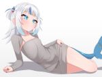  1girl absurdres alternate_costume blue_eyes blue_nails breasts dongtan_dress dress fins fish_tail gawr_gura grey_dress hair_ornament highres hololive hololive_english lying meme_attire mingkozus multicolored_hair on_side shark_girl shark_hair_ornament shark_tail short_dress simple_background small_breasts solo streaked_hair tail two_side_up virtual_youtuber white_background white_hair 