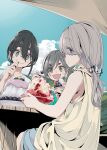 3girls :d absurdres afro_(kngotezo) amamiya_satsuki_(mono) black_hair blue_eyes blue_skirt blue_sky blueberry blush bowl canopy_(shelter) cloud commentary cumulonimbus_cloud day eating eyes_visible_through_hair food from_side fruit garnish glass_bowl green_shirt grey_hair hair_between_eyes hair_bun hair_ornament hair_over_one_eye hair_scrunchie highres holding holding_bowl holding_spoon kiriyama_an long_hair looking_at_viewer looking_to_the_side low_ponytail mono_(afro) mountain multiple_girls official_art outdoors plate ponytail purple_eyes red_eyes scrunchie shaved_ice shikishima_sakurako shirt single_hair_bun sitting skirt sky sleeveless sleeveless_shirt smile spoon straight-on syrup t-shirt table thick_eyebrows utensil_in_mouth white_shirt wooden_table yellow_shirt 