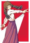  1girl border brown_hair closed_mouth commentary_request face_piercing fear_&amp;_hunger_(series) fear_&amp;_hunger_2:_termina feet_out_of_frame frilled_shirt_collar frills geulim03 green_eyes highres holding holding_knife kitchen_knife knife korean_commentary long_hair long_sleeves looking_at_viewer marina_(fear_&amp;_hunger) mouth_piercing outside_border piercing pink_skirt red_background reverse_grip shirt shirt_tucked_in skirt solo white_border white_shirt 