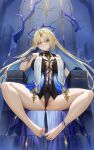  1girl absurdres bare_legs bare_shoulders barefoot black_collar black_dress blonde_hair blue_eyes blue_hair blush breasts cameltoe closed_mouth collar colored_inner_hair crown_of_thorns dress earrings feet fleurdelys_(wuthering_waves) floating_earrings hair_over_eyes head_rest highres horns huge_breasts jewelry legs long_hair looking_at_viewer multicolored_hair necklace niliu_chahui paid_reward_available parted_bangs partially_visible_vulva pointy_ears sidelocks single_horn sitting solo spread_legs spread_toes tabard tacet_mark_(wuthering_waves) toenails toes very_long_hair white_tabard wuthering_waves yellow_horns 