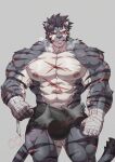2025 abdominal_scar absurd_res anthro areola arm_scar biceps big_bulge black_hair blush bottomwear breath briefs briefs_only bulge bulge_grab chest_scar clothed clothing deltoids disembodied_hand eye_scar facial_scar felid forearm_muscles fur grey_background grey_body grey_bottomwear grey_clothing grey_fur grey_shorts grin hair hand_wraps hi_res husky_(artist) leg_scar male mammal navel nipples obliques one_eye_closed pantherine pink_areola scar scars_all_over sdorica serratus shorts shoulder_scar simple_background smile snout snout_scar solo soonsky_ksk soonsky_kumu standing tail thigh_scar tiger topless underwear underwear_only vein veiny_muscles watermark white_body white_fur wraps wrist_wraps yao_(sdorica) yellow_eyes
