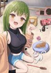  1girl :d alt_text alternate_costume arm_up armpits asumi_dori bare_shoulders black_cat black_socks blue_shorts blush breasts brown_cardigan brown_cat brown_eyes cardigan casual cat cat_teaser commentary_request fang foreshortening green_hair hair_ornament hairclip hand_up indoors jewelry large_breasts link!_like!_love_live! looking_at_viewer love_live! midriff multiple_cats necklace off_shoulder ogami_sachi open_cardigan open_clothes open_mouth parallel_hairclips paw_pose pink_eyes selfie short_shorts shorts sitting sleeveless sleeveless_sweater smile socks sweater turtleneck turtleneck_sweater wariza white_cat 