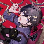  1boy :o album_cover belt_collar black_cat black_hair black_nails blue_eyes bracelet bug butterfly cat cherry collar commentary cover ear_piercing earrings food fruit hair_between_eyes hair_ornament highres holding holding_food holding_fruit holostars horiizumi_inko jewelry kanade_izuru looking_at_viewer male_focus official_art picture_frame piercing ring second-party_source solo 