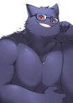  1boy bara colored_sclera commentary furry gengar glasses grin head_on_hand highres jewelry looking_at_viewer male_focus muscular muscular_male necklace pectorals pokemon pokemon_(creature) red_sclera ring ring_necklace signature smile symbol-only_commentary topless_male upper_body white_background zammonv 