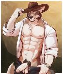 abs anthro artist_name balls black_bottomwear black_clothing black_nose black_pants border bottomwear bottomwear_down brown_background brown_body brown_fur canid canine canis chest_tuft clock clothed clothing collared_shirt countershading cowboy_hat coyote dated digital_media_(artwork) dress_shirt erection foreskin fur genitals grey_eyes half-erect hand_on_hat hat headgear headwear hi_res looking_at_viewer male mammal mouth_scar muscular muscular_male navel neck_tuft nipples notched_ear open_clothing open_shirt open_topwear pants pants_down partially_clothed partially_clothed_male pawpads pecs penis pink_nipples pubes rolled_up_sleeves scar shirt signature simple_background smile smiling_at_viewer solo tail tan_body tan_fur text tipping_hat topwear tuft vein veiny_penis ventkazemaru watch white_body white_dress_shirt white_fur william_adler