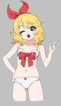  1girl acaa blonde_hair bow bra breasts green_eyes highres idolmaster idolmaster_cinderella_girls index_finger_raised looking_at_viewer navel one_eye_closed open_mouth panties red_bow sakurai_momoka short_hair sketch small_breasts solo underwear white_bra white_panties 