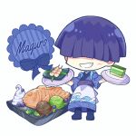  1boy blue_boots blue_hair blue_kimono boots character_name chibi chibi_only commentary_request cream dango facing_viewer food full_body futaba969649 grin hair_over_eyes highres holding holding_tray ice_cream japanese_clothes kimono light_blush male_focus obi puyopuyo sasaki_maguro sash short_hair short_sleeves simple_background smile solo standing taiyaki tray wagashi white_background wide_sleeves 