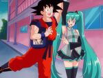  1990s_(style) 1girl aqua_eyes aqua_hair brenni_murasaki crossover detached_sleeves dragon_ball dragon_ball_(classic) fortnite hatsune_miku highres long_hair looking_at_viewer necktie procreate_(medium) retro_artstyle skirt smile thighhighs twintails very_long_hair vocaloid 