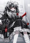  1girl absurdres bag bangs black_hair black_nails cast cellphone crutch ear_piercing earrings eyelashes fishnet_thighhighs fishnets gothic highres jewelry long_hair mask mask_pull mouth_mask original phone piercing red_eyes ring sitting smartphone solo thighhighs yumeno_yume 