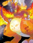  10_nosukeuma 1other blurry charizard cloud colored_skin commentary_request creature creature_focus depth_of_field dragon fiery_wings fire flame-tipped_tail flaming_horns gigantamax_charizard glowing glowing_eyes highres lightning looking_down no_humans orange_skin pokemon pokemon_(creature) pokemon_focus pokemon_swsh solo tail wings yellow_eyes 