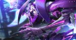  1girl absurdres blurry blurry_background bodysuit breasts calder center_opening chinese_commentary cleavage cleavage_cutout clothing_cutout commentary_request covered_navel crystal_shards floating_hair flower gem glowing glowing_wings hair_flower hair_intakes hair_ornament hand_up highres large_breasts long_hair looking_ahead machinery mecha mechanical_arms nemesis_(tower_of_fantasy) nemesis_-_voidpiercer parted_lips purple_bodysuit purple_eyes purple_flower purple_gemstone robot solo sparks tower_of_fantasy very_long_hair white_hair wings 
