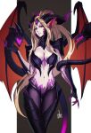  1girl absurdres animal_ears animal_hands ass_visible_through_thighs blonde_hair breasts cleavage distr dragon_girl dragon_sorceress_zyra head_fins highres horns large_breasts league_of_legends long_hair looking_at_viewer monster_girl multiple_horns navel pantyhose ponytail purple_pantyhose signature smile solo standing tentacles thigh_gap very_long_hair wings zyra 
