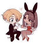  1boy 1girl :o animal_ear_hairband animal_ears black_coat black_necktie black_pants black_suit black_vest blonde_hair blue_eyes blush brown_eyes brown_hair cake cake_slice chair chibi chibi_only coat collared_shirt detached_collar fake_animal_ears feeding food full_body hair_over_one_eye hairband head_tilt heart high_heels highres holding holding_cake holding_food holding_spoon invisible_chair leotard long_eyelashes long_hair looking_at_another necktie on_chair open_mouth original pants pantyhose par0llel playboy_bunny rabbit_ear_hairband rabbit_ears rabbit_tail reaching reaching_towards_another red_leotard shirt short_hair sitting sleeve_cuffs smile spoon suit surprised swept_bangs tail teeth upper_teeth_only vest white_background white_shirt wrist_cuffs 