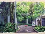  building bush commentary_request dappled_sunlight day doremifa84 flower highres no_humans original outdoors path red_flower scenery sign sunlight tree 