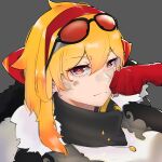  1girl black_coat black_scarf blonde_hair bodystocking bow bright_pupils clenched_hand coat commentary dirty dirty_face double-parted_bangs dress eyewear_on_head fur_collar gloves grey_background hair_bow hairband hand_on_own_cheek hand_on_own_face highres hololive hololive_indonesia kaela_kovalskia kaela_kovalskia_(1st_costume) long_sleeves looking_at_viewer medium_hair open_clothes open_coat portrait red-tinted_eyewear red_bow red_eyes red_gloves red_hairband scarf simple_background single_sidelock skin_tight solo staring sunglasses tinted_eyewear upper_body v-shaped_eyebrows virtual_youtuber watercat322 white_dress white_pupils 