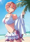  1girl absurdres beach bikini bikini_skirt black_choker black_hairband blue_eyes blush breasts choker cowboy_shot frilled_bikini frills hairband head_wings highres holding holding_towel hololive large_breasts looking_at_viewer navel ocean oki_no_fuji outdoors palm_tree pink_hair rainbow scrunchie short_hair smile solo star_(symbol) swimsuit takane_lui towel tree virtual_youtuber white_bikini white_towel wrist_scrunchie 