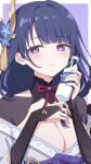  1girl absurdres ai-generated armor blue_flower blue_pupils blunt_bangs blush bottle breasts bridal_gauntlets cleavage closed_mouth clothing_cutout dango_milk_(genshin_impact) fan_hair_ornament flower genshin_impact hair_flower hair_ornament hands_up head_tilt highres holding holding_bottle ireddragonicy japanese_armor large_breasts long_hair looking_to_the_side mitsudomoe_(shape) mole mole_under_eye multicolored_eyes multicolored_hair neck_ribbon off_shoulder purple_eyes purple_hair purple_sash raiden_shogun red_ribbon ribbon sash shade shoulder_armor shoulder_cutout solo streaked_hair teeth tomoe_(symbol) upper_teeth_only 