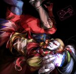  1boy artist_logo artist_name asymmetrical_clothes black_background blonde_hair blue_lips blue_pants boots brown_boots cape clown english_text facepaint final_fantasy final_fantasy_vi highres kefka_palazzo logo long_hair looking_at_hand male_focus panda=hiro pants ponytail reaching reaching_towards_viewer red_eyes red_pants signature smile smirk solo 