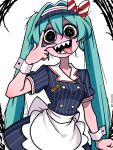  1girl apron aqua_hair black_eyes bow crazy_eyes eyelashes hair_between_eyes hat hat_bow hatsune_miku jaggy_lines ji_heeeeeee korean_commentary long_hair looking_at_viewer mesmerizer_(vocaloid) messy_hair name_tag open_mouth shaded_face sharp_teeth short_sleeves simple_background solo teeth tongue tongue_out twintails v v_over_eye very_long_hair visor_cap vocaloid waist_apron waitress white_apron white_background wrist_cuffs 