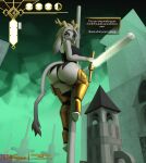  absurd_res accessory annoyed anthro arm_tuft armor artist_logo artist_name big_butt blue_eyes bovid bracelet breaking_the_fourth_wall building butt camel_toe caprine castle clearvision climbing clothing detailed_background dialogue dialogue_box eye_bags eyebrows female fur goat gold_(metal) gold_bracelet gold_jewelry greaves grey_body grey_fur grey_hair hair hair_accessory hair_ring half-closed_eyes hi_res holding_object holding_weapon horn huge_butt hybrid jewelry lagomorph leotard leporid logo long_ears long_horn long_tail looking_at_viewer looking_back mammal narrowed_eyes pole pole_between_legs pseudoregalia rabbit showing_teeth signature solo sybil_(pseudoregalia) tail talking_to_viewer teeth text thick_thighs tuft unconvincing_armor weapon 