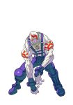  1boy bald colored_skin earrings facepaint facial_tattoo facing_viewer frown game_cg highres hunched_over jewelry kneeling legs_apart long_nose male_focus necro_(street_fighter) nishimura_kinu no_eyebrows no_pupils non-web_source official_art sad simple_background solo street_fighter street_fighter_iii_(series) tattoo white_background white_skin yellow_eyes 