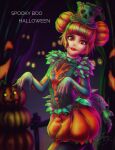  1girl absurdres animal_ears character_request disneyland dress green_eyes hair_between_eyes hair_ornament halloween halloween_costume highres hime_cut jack-o&#039;-lantern long_hair long_sleeves looking_at_viewer orange_hair part-of-my-world playboy_bunny pumpkin rabbit_ears simple_background smile solo 
