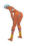  1girl anklet armlet ass bangle barefoot bent_over bikini blue_eyes bracelet breasts calflet cleavage dark-skinned_female dark_skin earrings elena_(street_fighter) from_behind game_cg grin hair_over_one_eye hand_on_own_hip hand_on_own_knee highres jewelry kneepits leaning_forward legs long_legs looking_at_viewer looking_back nail_polish neck_ring nishimura_kinu non-web_source official_art short_hair smile solo street_fighter street_fighter_iii_(series) swimsuit toned toned_female very_dark_skin white_hair 