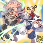  2girls barefoot battle black_hair blue_pants brown_eyes brown_hair china_dress chinese_clothes commission dougi dress fatal_fury fingerless_gloves flying_kick genderswap genderswap_(mtf) gloves hair_rings in_the_face kicking kim_kaphwan li_xiangfei multiple_girls open_mouth pants pelvic_curtain pixiv_commission ponytail red_dress sleeveless sleeveless_dress soles soon_(c-u-soon) the_king_of_fighters_all-stars white_pants 