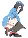  1girl baasaku_(balasaku24) beret black_gloves black_hair black_skirt black_thighhighs blue_hat blue_jacket garter_straps gloves hat high_heels highres jacket kantai_collection looking_at_viewer lying military_uniform on_side pleated_skirt red_eyes red_shoes shoes short_hair simple_background skirt solo takao_(kancolle) thighhighs white_background 