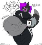  anthro bulging_stomach burping canid canine canis clothing dialogue digestion duo female forced kingcreep105 male male/female mammal nat_(kingcreep105) nipple_piercing nipples piercing struggling struggling_prey sweatpants tracksuit vore wolf 