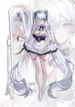  1girl absurdres alternate_costume bare_back blue_eyes bow breasts cinderella_(nikke) cleavage frills garter_straps goddess_of_victory:_nikke hair_intakes hair_ornament hair_over_one_eye high_heels highres long_hair maid mirror panties pantyshot see-through_clothes skindentation thighhighs twintails underwear uyuri_(89976220) white_hair wrist_cuffs zoom_layer 