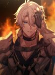  1boy antenna_hair armor black_choker black_gloves black_shirt blood blood_on_face blue_eyes choker coat collarbone fingerless_gloves gloves hand_on_own_head hand_up hashtag-only_commentary highres honkai:_star_rail honkai_(series) male_focus neck_tattoo parted_bangs pauldrons phainon_(honkai:_star_rail) pochimaru_(marumaru_wanwan) shirt short_hair shoulder_armor single_pauldron solo sun_symbol sun_tattoo tattoo upper_body white_coat white_hair yellow_blood 