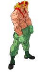  1boy alex_(street_fighter) blonde_hair blue_eyes bodypaint boots closed_mouth facepaint fingerless_gloves from_side frown game_cg gloves green_gloves green_overalls headband highres long_hair long_sidelocks male_focus muscular nishimura_kinu non-web_source official_art overalls ponytail red_headband sidelocks simple_background solo standing street_fighter street_fighter_iii_(series) topless_male veins veiny_arms white_background 