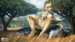  16:9 3d_(artwork) anthro breasts covering covering_crotch covering_pussy digital_media_(artwork) felid female lion mammal nude outside pantherine plant rock solo text tree url widescreen zorryn 