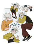  ! !! 1boy ? book cellphone cgvske1003 character_name closed_eyes closed_mouth clothes_writing dreaming grey_headband hand_on_own_head headband highres holding holding_book holding_phone long_sleeves lying maka_albarn male_focus multiple_views on_back open_mouth pants phone red_eyes sharp_teeth shoes simple_background soul_eater soul_evans spiked_hair spoken_question_mark sweat teeth 