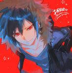  1boy black_hair black_jacket blue_shirt brown_fur character_name collarbone commentary copyright_name dated durarara!! eromkk eyelashes fur-trimmed_hood fur_trim hair_between_eyes hand_in_pocket highres hood hood_up hooded_jacket jacket leaning_forward looking_at_viewer lower_eyelashes_only male_focus orihara_izaya parted_bangs parted_lips red_background shirt smile solo star_(symbol) twitter_username upper_body v-neck 