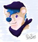  anthro blue_hair blue_nose closed_smile clothing fur glistening glistening_eyes hair hat headgear headshot_portrait headwear hi_res kerchief looking_at_viewer lutrine male mammal mouth_closed mustelid neckerchief pache_riggs pink_inner_ear portrait purple_clothing purple_eyes purple_hat purple_headwear purple_kerchief purple_neckerchief signature simple_background solo tan_body tan_fur whiskers white_body white_fur 