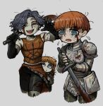  1boy 2girls armor bandaged_arm bandages behind_another black_gloves black_hair black_pants blood blood_on_armor blood_on_face blood_on_weapon blue_eyes cahara_(fear_&amp;_hunger) child cropped_legs d&#039;arce_(fear_&amp;_hunger) dirty dirty_face elbow_gloves fear_&amp;_hunger_(series) fear_&amp;_hunger_1 fingerless_gloves flying_sweatdrops gloves green_gloves grey_background hashtag-only_commentary hiding hiding_behind_another holding holding_sword holding_weapon knight leather_armor looking_at_another medium_hair midriff_peek multiple_girls open_mouth orange_hair pants pauldrons reverse_grip short_hair shoulder_armor simple_background sleeveless sm2_hokke smile sword tears teeth the_girl_(fear_&amp;_hunger) two-handed upper_teeth_only weapon 