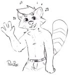  4_fingers anthro cheek_tuft chest_tuft clothed clothing facial_tuft fangs fingers fur gesture glistening glistening_eyes hair half-length_portrait looking_at_viewer male mammal markings monochrome navel open_mouth open_smile pache_riggs portrait procyonid raccoon short_hair signature simple_background sketch smile solo standing striped_body striped_fur striped_markings striped_tail stripes tail_markings tongue topless topless_anthro topless_male tuft waving waving_at_viewer 