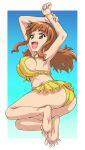  1girl 9s0ykoyama117 absurdres arms_up ass barefoot bikini bikini_skirt blue_background blunt_bangs breasts brown_eyes brown_hair frilled_bikini frills girls_und_panzer gradient_background highres jumping large_breasts long_hair looking_at_viewer official_alternate_costume outside_border smile solo swimsuit takebe_saori yellow_bikini 