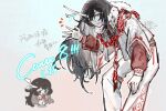  1boy :d antlers bent_over black_eyes black_hair blue_eyes chibi chibi_inset chinese_clothes chinese_text cloak dragon eastern_dragon english_text fur_collar grid_background hair_ornament hand_on_own_knee hanfu heterochromia highres hong_lu_(project_moon) horns kalliope_orc limbus_company long_hair looking_at_viewer multiple_views outstretched_arms project_moon red_hanfu red_petals red_sash sash smile solo tears_of_the_tarnished_blood_(e.g.o) very_long_hair waving white_cloak x_hair_ornament 