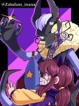  2girls a_hat_in_time animal_ear_hairband animal_ears animal_nose black_fur black_tail blue_eyes brown_hair child claws commentary_request fake_animal_ears fangs fur-trimmed_vest fur_trim furry furry_female glint gold_necklace grey_fur grey_tail hair_tie hairband hat_kid height_difference heterochromia jacket jewelry long_hair long_sleeves looking_at_another looking_down mask mouth_mask multicolored_jacket multiple_girls necklace official_alternate_costume open_hand open_mouth orange_eyes paw_print ponytail purple_hairband purple_jacket red_vest sidelocks slit_pupils small_sweatdrop the_empress_(a_hat_in_time) twitter_username two-tone_jacket vest whiskers white_hair white_mask yellow_jacket zabalam_inana 